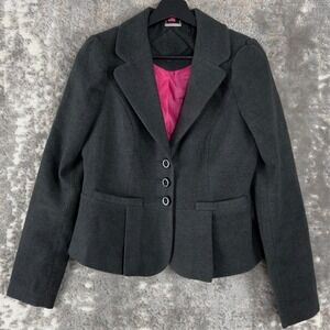 JouJou Womens Size M Wool Notched Blazer‎ Jacket Gray Long Sleeve Pink Lined